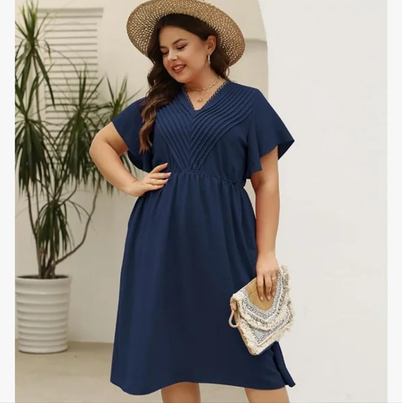 Navy V-Neck Flutter Sleeve Dress - Picture 2 of 10